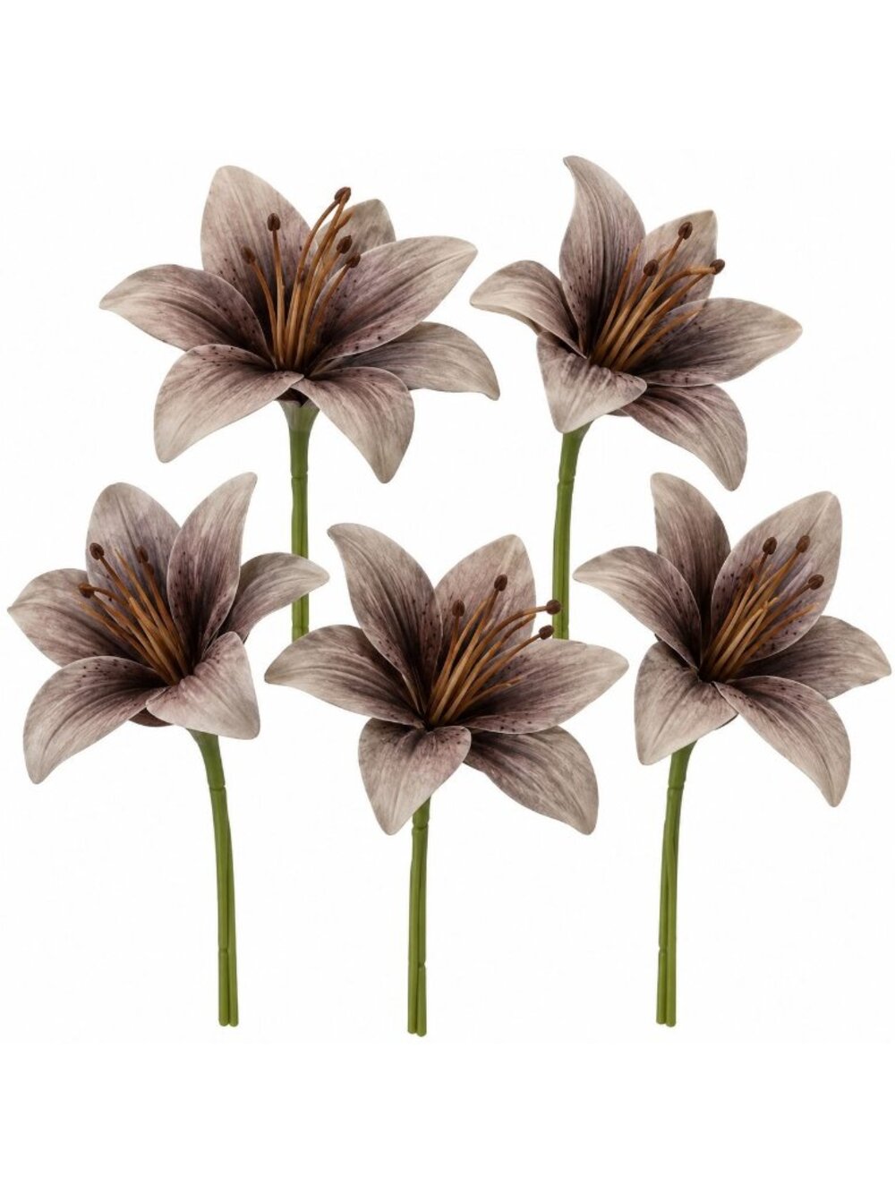 Set of 5 Taupe Gray Artificial Lily Stems 8 Inch Smoky Mushroom Faux Flowers